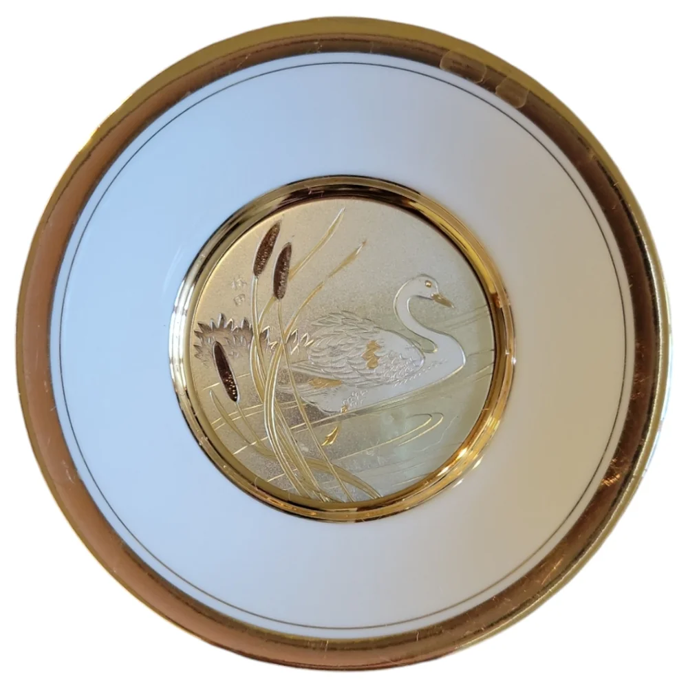 Vtg Art Of Chokin Decorative Plate 24K Gold Accents Swan Cattails Japan 6